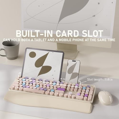 UBOTIE Ergonomic Wireless Keyboard and Mouse Combo with Phone Holder Wrist Rest, Round Colorful Keys, Power Switches, 2.4GHz USB Receiver, Full - color: Khaki