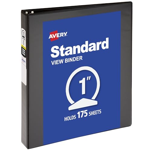 Avery Standard View 3 Ring Binder, 1" Round Rings, 175-Sheet Capacity, 1.4 Inch Wide Spine, 1 Black Binder, Ideal for Lightweight Organization and Occasional Referencing (05761) - size: 1"
