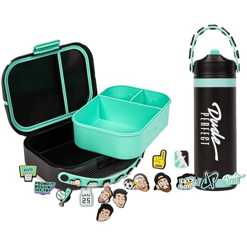 Dude Perfect Stainless Steel Water Bottle and Bento Box | Leak Proof | 24 Oz Vacuum Insulated Bottle | Bento Box Removable Inner Tray | Rare Charms for Custom Carry-Straps | Sports Kids - color: Black, size: 12 cubic inch Lunch Box + 24 oz Water Bottle