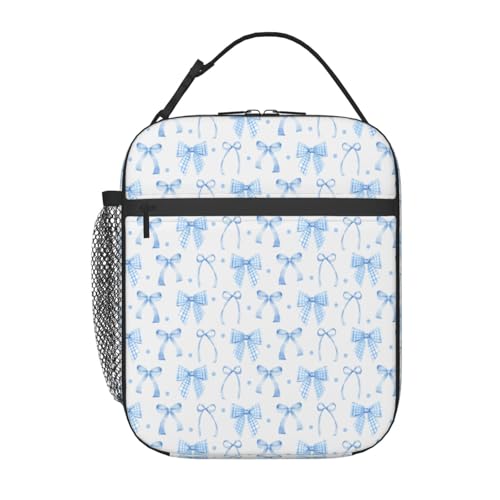 Miaoquhe Lunch Box for Women Blue Bows Insulated Reusable Lunch Bag with Side Pocket for Boys Girls Teen Cute Lunchbox Portable Cooler Tote Bags for School Office Work Picnic Hiking - color: Blue Bows, size: 10x4x8 Inch