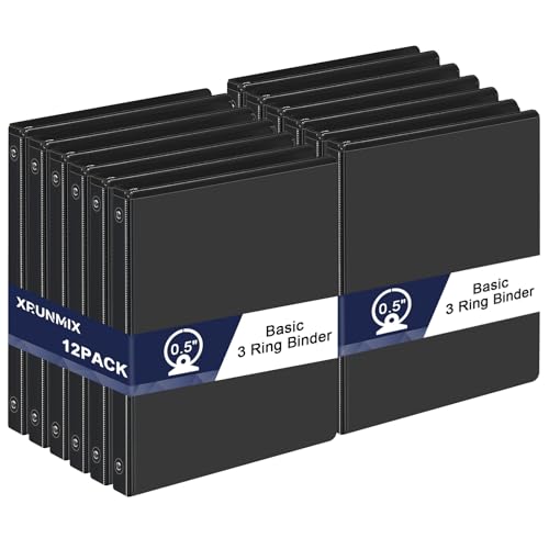 0.5-1-Inch 3-Ring-Binder with Pockets, Basic Binders 1-inch View Round Binders Holds US Letter Size 8.5'' x 11'' - Bundle Packs Perfect for Home, Office, and School (0.5'' - Black -12 Packs) - size: 0.5'' - Black -12 Packs