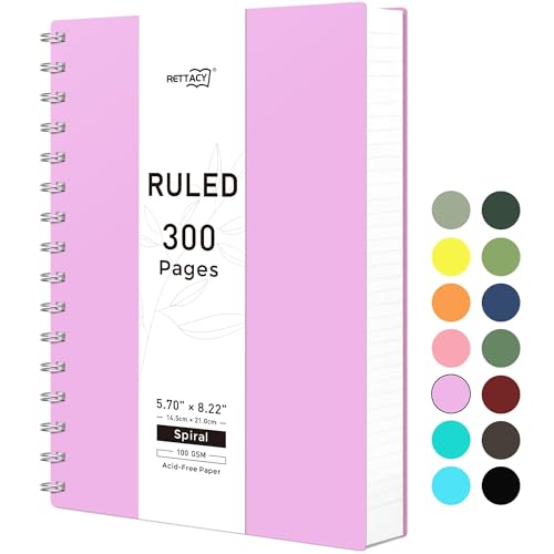 RETTACY Spiral College Ruled Notebook, 300 Pages, A5 Medium Size (5.7" x 8.2"), for School, Work, Writing, Journaling, 100 GSM Thick Paper, Flexible Plastic Cover (Lilac) - color: Lilac, size: 5.7" x 8.2"