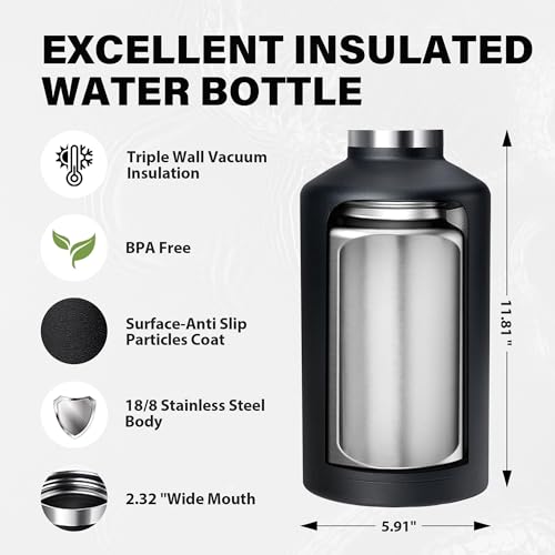 One Gallon Insulated Water Bottle, Triple Wall Vacuum 128 oz Stainless Steel Water Bottles (Cold for 48 Hrs), Leak Proof, Non-BPA, Large Water Flask Jug with Straw Lid & Spout Lid - color: Black-Y, size: 128 Ounces