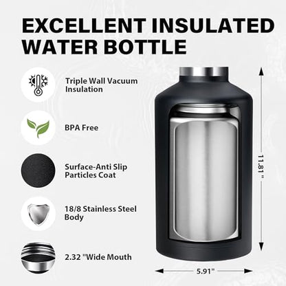One Gallon Insulated Water Bottle, Triple Wall Vacuum 128 oz Stainless Steel Water Bottles (Cold for 48 Hrs), Leak Proof, Non-BPA, Large Water Flask Jug with Straw Lid & Spout Lid - color: Black-Y, size: 128 Ounces