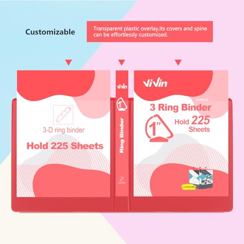 ViVin 튼튼한 2.5cm(1인치) D 링 바인더, 포켓 2개가 있는 링 바인더 3개, 사무실, 가정, 학교용, 미국 레터 사이즈 용지 225장 보관, 6팩 (레드) - color: 레드, size: 1인치