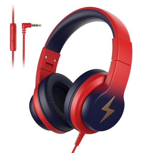 Candy Bila Kids Headphones, Wired Headphones for Kids Over Ear with Microphone, 85/94dB Volume Headphone for Girls Boys, Foldable Headphone for Learning & Entertainment, Gradient red to Dark Blue - color: Gradient Red to Dark Blue