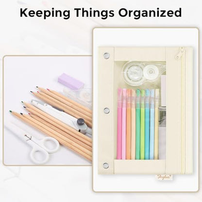 SKYDUE Pencil Pouch for 3 Ring Binder, 3 Ring Zipper Pencil Case with Clear Window, Large Binder Pencil Pouch with Grommets, Three Hole Pencil Holder for School, Pink & Purple (2 Pack) - color: Pink&beige