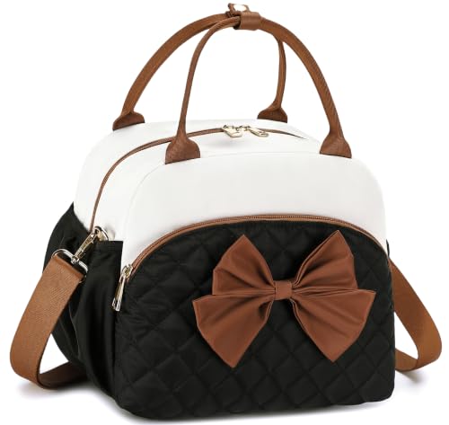 LEDAOU Lunch Box for Women, Insulated Lunch Bag Women with Adjustable Shoulder Strap, Cute Lunch Tote Bag for Work, Womens Lunch Bag with Bowknot, Front Zipper Pocket & Side Pockets - color: Brown Bow Tie, size: Regular 9L