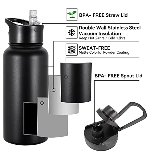 32 oz Insulated Water Bottle with Straw Lid & Wide Mouth Lids, Stainless Steel Sports Water Bottles, Double Walled Vacuum, Leak Proof, Black - color: Black, size: 32 Ounces