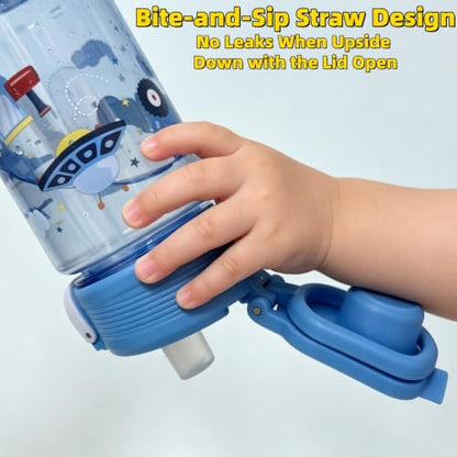 Flip, Bite and Sip 3-in-1 Straw Kids Water Bottle, Leak-proof, 13oz | Sturdy and Drop-resistant, with Handle, BPA Free, Dishwasher Safe, Perfect for School, Travel, and Home - color: Dinosaur