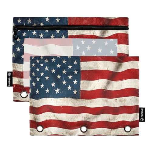 Gredecor Binder Pencil Pouch 3 Ring American Flag Wooden Patriotic Zipper Pencil Pouches Case 2 Pack Clear Binder Organizer for Kids School Office - color: American Flag Wooden Pattern-2