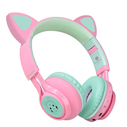 Riwbox CT-7 Cat Ear Kids Bluetooth Headphones, LED Light Up Bluetooth Wireless Over Ear Headphones with Microphone and Volume Control for Travel/School/Smartphones/Laptop/PC/TV (Pink&Green) - color: Pink&Green