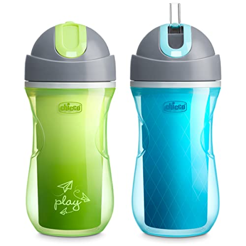 Chicco Flip-Top Straw Cup 9oz | Insulated Toddler Sippy Cup with Soft Silicone Straw | No-Spill Valve | Easy-Clean | BPA-Free | 2pk | For Ages 12+ Months | Green Play/Teal - color: Green Play/Teal, size: 9 Ounces