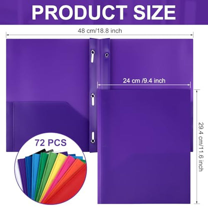 Cholemy 72 Packs Pocket Folders with Prongs Heavy Duty Plastic Folder with Business Card Slot 3 Prong Fasteners for School Office (Rainbow) - color: Rainbow