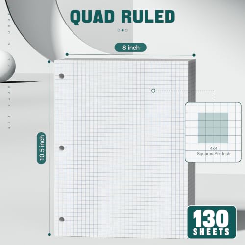 Loose Leaf Graph paper 8 x 10.5, Graph Ruled Paper, 3 Hole Punched Paper, 4 x 4 Quad Ruled Graph Paper, 10-1/2" x 8" Filler Paper Notebook Paper, 130 Sheets Graphing Paper for Business Home School - size: 8 x 10.5 In -130 Sheets