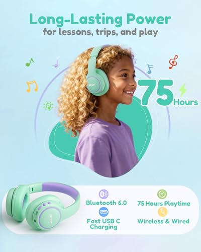 acer Kids Bluetooth Headphones, Over Ear Headphone for Kids with Mic, 75H Playtime, 85dBA Safe Volume, Bluetooth 6.0, USB C Fast Charging, Toddler Headphones for iPad/Tablet/Travel/School-Green Purple | 75H Playtime, Bluetooth 6.0, 3.5mm Jack Aux Cord, 85