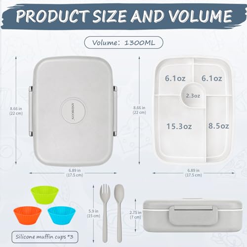 Bento Box Adult Lunch Box, Kid Lunch Box Contaiers for 5 Compartmets, Lunch Containers with 3 Silicone Baking Cups, Leakproof, Dishwasher and Microwave Safe, BPA-Free (Grey) - color: Gray