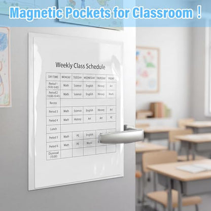 12 Pcs Classroom Magnetic Pockets 11 x 8.5 Inch Clear Whiteboard Magnetic Pouch Wall File Organizer Magnet Paper Holder for Classroom Whiteboard Refrigerator Office Supplies(Transparent) - color: Transparent