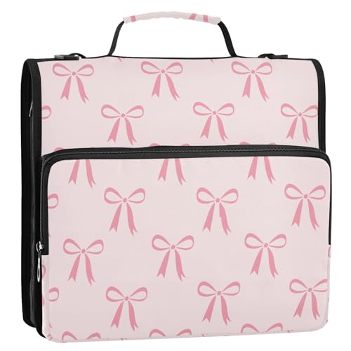 Zipper Binder Bag 3 Ring File Folder Portfolio Organizer Zippered Binder Bags with Strap Fits Laptop Women Men - color: Multi-pink Bow