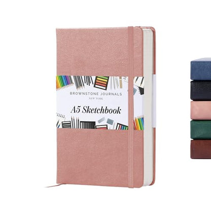 BROWNSTONE JOURNALS A5 Sketch Book Hardcover - 80 Sheets 100 GSM Paper 5"x8", Lay Flat, Vegan Leather Cover, Elastic Band, Back Pocket, Art Drawing Book (Rose Wood) - color: Rose Wood, size: A5 (5" x 8")