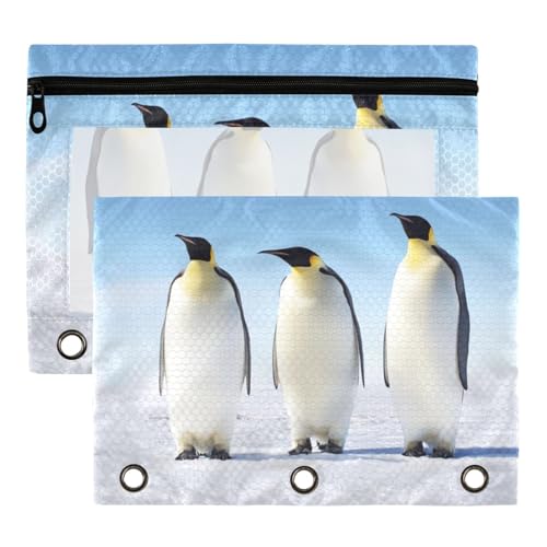 2 Pack Antarctic Blue Sky Three Penguin 3 Ring Binder Pencil Pouch Bags,Clear Window Storage Case with Zipper for Boys Girls Students School Office Supplies Organizers - color: Multi-penguin