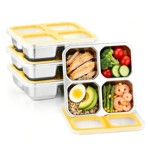 BEFOY 4 Pack Stainless Steel Snack Containers with Lids 4 Compartment Food Storage Containers for Adults & Kids Meal Prep Containers Reusablele (Yellow, 4) - color: Yellow, size: 4
