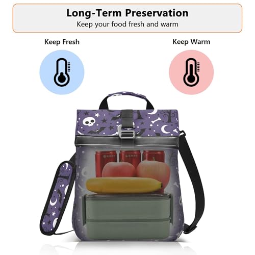 MNSRUU Insulated Lunch Bags Women Men Aldults, Halloween Black Bats Night Sky with Stars Portable Reusable Thermal Meal Tote Cooler Bag Organizer, Adjustable Shoulder Strap, Handle - color: Halloween Theme 080
