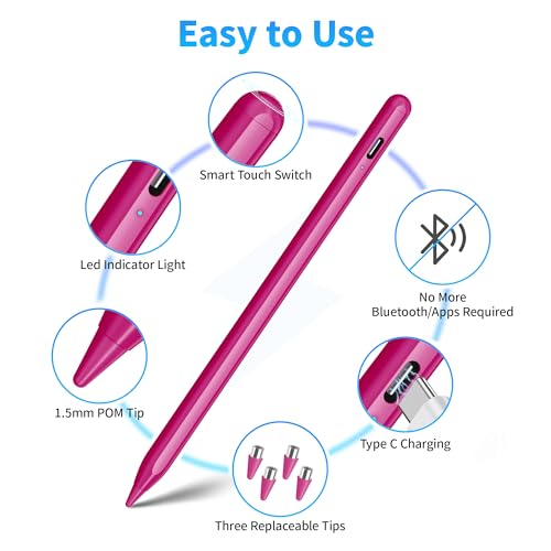 DRYMOKINI Pink Stylus Pen, Active Stylus Pen Touch Screens Compatible for Android and i-OS Tablet/Phones, Rechargeable Universal Stylus Pencil Compatible for A-pple/i-Pad/Phone Tablet - color: Candy Pink
