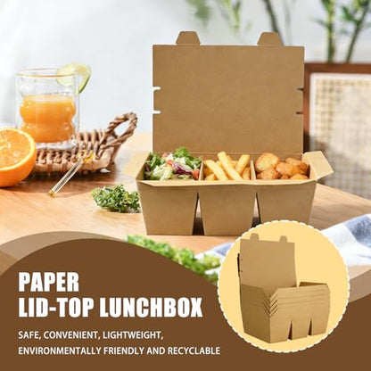 30 Pack 3 Compartment Paper Take Out Food Containers, 7.5x5.4x2.6" Kraft Brown Take Out Boxes, Disposable To Go Container Take Out Containers, Greaseproof Paper Bento Box Takeout Lunch Boxes with Lid - color: Kraft Paper Color-Flip Top