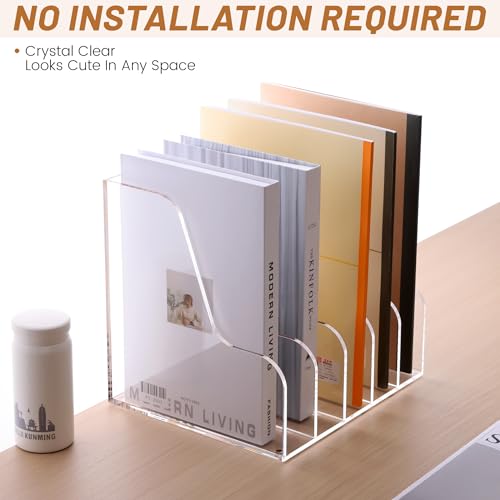 SANRUI Acrylic File Organizer, Compact Desk Organizer for Folders, Binders, Notebooks, Envelopes, Clear Magazine File Holder, 5 Section Bookshelf for School Home Office Organization, A4 - size: A4,5 Sections