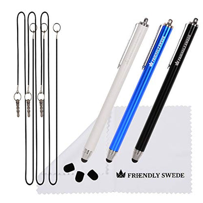 The Friendly Swede Stylus Pen 3-Pack, 5.5in Replaceable Thin Tip | 3 spare tips, Black/Blue/White, 3 Elastic Lanyards, Microfiber Cleaning Cloth Included, Pen for Touchscreen - color: Black/Blue/White