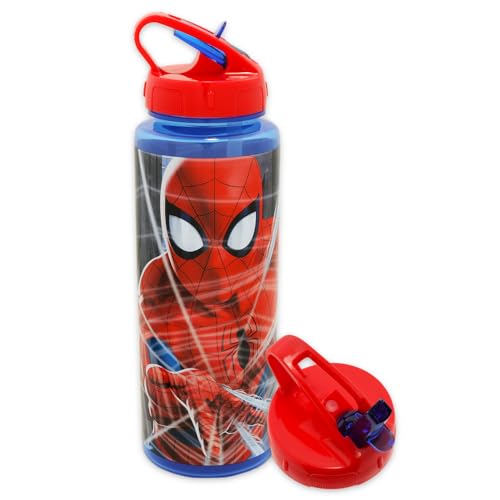 Spiderman Reusable Water Bottle Set - Marvel Bundle Plastic 30oz Water Bottle with Spout for Home, School, Sports Plus Sticker, and More | Spiderman Container
