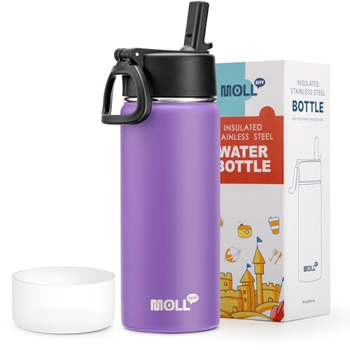 Kids Insulated Water Bottle with Straw-18 oz Stainless Steel Double Wall Vacuum Wide Mouth Water Bottle for School-Metal Travel Water Flask with Silicone Boot (Purple) - color: Purple, size: 18 Ounces