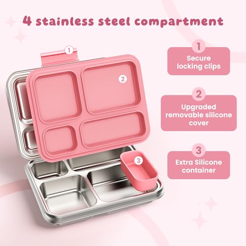 Stainless Steel Bento Box, 4-Compartment Metal Lunch Box with Removable Silicone, Lunch Container for Kids & Adults with Silicone Inner Container, School, Office, Dishwasher Safe(Pink) - color: Pink