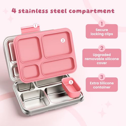 Stainless Steel Bento Box, 4-Compartment Metal Lunch Box with Removable Silicone, Lunch Container for Kids & Adults with Silicone Inner Container, School, Office, Dishwasher Safe(Pink) - color: Pink