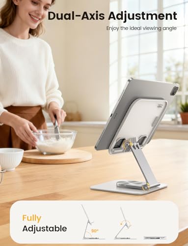 Lamicall Adjustable iPad Stand for Desk, Ultra-Slim Foldable, 360° Rotation | [Foldable Ultra-Slim][ 360°Rotation Base] Heavy-Duty Tablet Holder Stand for 4.7-13" iPad Pro Air Mini E-Reader Kindle Tabs - color: White