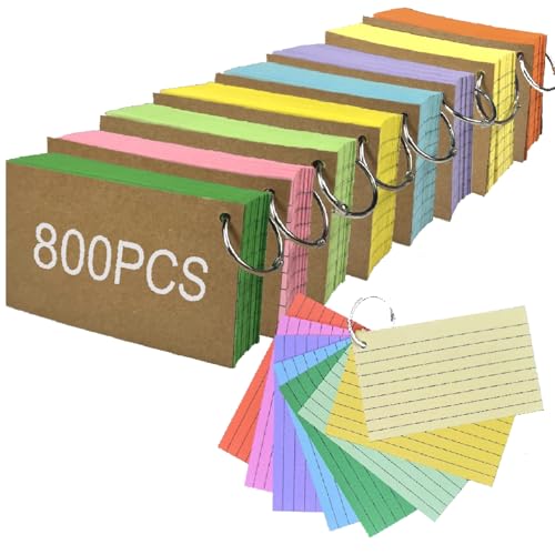 Index Cards 3x5 Inch, 800PCS Flash Cards with Rings 8 Colors Ruled Index Cards, Assorted Lined Colored Flashcards, Thin Note Cards Paper, Study Card Memo Scratch Pad for Home Office School