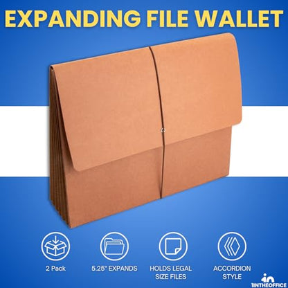 1InTheOffice Expanding File Wallet with Flap and Cord Closure, 5-1/4" Expansion, Legal Size (2 Pack)