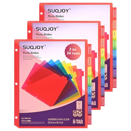 SUQJOY Binder Index Dividers with Tabs, 24 Count 3 Ring Binder Dividers with Pockets, 8 Tab Dividers for 3 Ring Binder, Plastic Sheet Protectors for US Letter Size, 8 Color Tab Dividers,3 Packs - size: 3 Pack