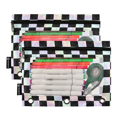 Black Chessboard Binder Pouches 3 Ring for Boys Girls School Office College Supplies White Buffalo Plaid Rainbow Color Pencil Pouches Case Bag with Clear Window and Zipper 2 Pack - color: Rainbow