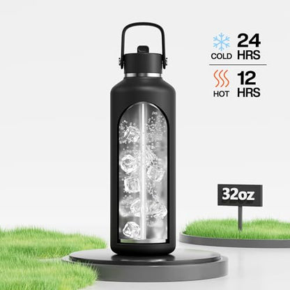 POWCAN 빨대 포함 946.4ml(32온스) 단열 물병: 누출 방지, 상단 손잡이, 24시간 차갑게 유지, BPA 프리, 여행, 스포츠, 체육관, 야외, 캠핑용 이중벽 스테인리스 스틸 물병(미드나잇 블랙) - color: 미드나잇 블랙, size: 32온스