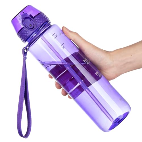 GOPPUS Clear Water Bottle With Straw 32oz Clear Sports Water Bottles Motivational with Time Marker Tritan BPA Free Clea Plastic Water Bottle Wide Mouth for Gym Travel Home School Office - color: Deep Purple
