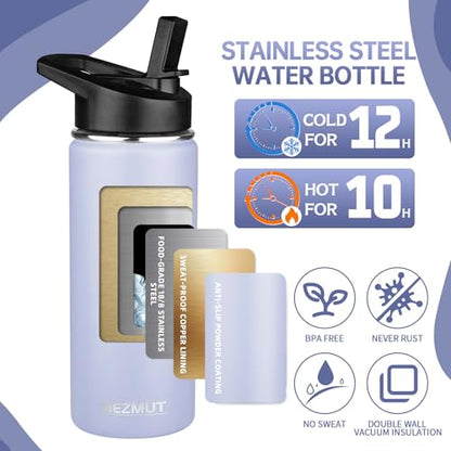 Insulated Water Bottle 18oz Stainless Steel Water Bottles with Straw&2 Lids, Kids Metal Cups Water Bottle Cup for School, Vacuum Insulated Bottles Leak-Proof Travel Cup, Purple - color: Purple, size: 18 Ounces