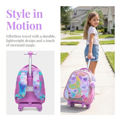 Kids Rolling Backpack for Girls Mermaid Trolley Suitcases Luggage with Wheels Bookbag Wheeled 3pcs on Lunch Box Pencil Case Elementary Teenagers Pink for Girls Age 5-12 - color: Pink-0130-meirenyu