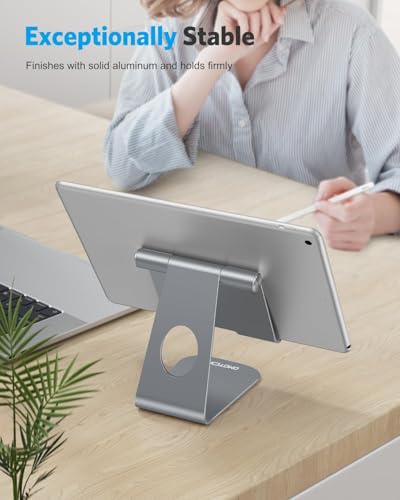 OMOTON T1 Adjustable Tablet Stand for Desk, Aluminum Holder for iPad Grey | Solid Metal Build | Charging Cutout | Anti-Slip Silicone Pads | Multi-Angle Adjustable | Fits 3.5-12.9" | Holds Thick Cases - color: Grey