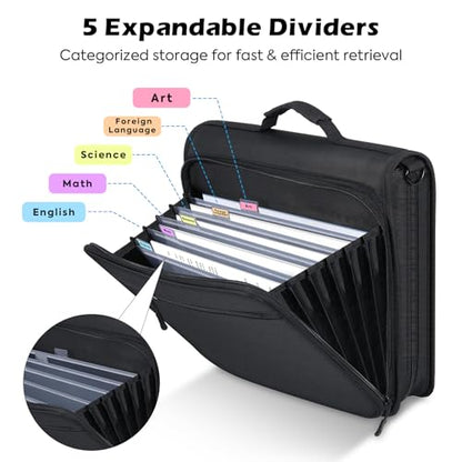 MoKo Zipper Binder, 2 Inch 3 Ring Binder with Multi-Pocket, 500 Sheet Capacity 5 Tab Expanding File Folder, Zipper Bag for School Office, Handle & Shoulder Strap, Black - color: Black