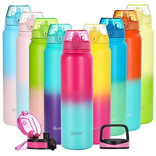 Oldley Insulated Water Bottle with Straw 32oz Stainless Steel Water Bottles with 3 lids Double-Wall Vacuum Thermal for Kids Adults School Sports,Red-Green - color: Red-Green, size: 32 Ounces