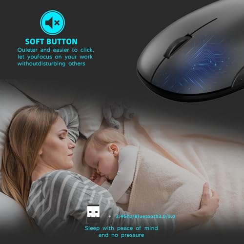 ONE-UP Wireless Mouse, 2.4G, Bluetooth5.0/3.0, Sound and Quiet Click, USB Nano Receiver, for Laptop, Chromebook, PC, Mac, Windows (Gray)