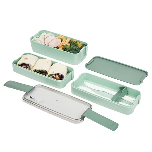 Bento Tek 30 Ounce Bento Box, 1 Stackable 3 Compartment Lunch Container - With Fork And Knife, Does Not Contain BPA, Green Plastic Reusable Lunch Box, Microwavable, Dishwashable - Restaurantware - size: 1 Count, style: 30 oz - Green