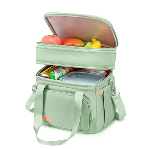 MAPLELILY Lunch Box for Men Women - Double Deck Insulated Lunch Bag, Large Leak Proof Tote Cooler, Wide Open Dual Compartment Lunch Bags with Shoulder Strap, For Work Picnic Hiking Beach, Green - color: Green